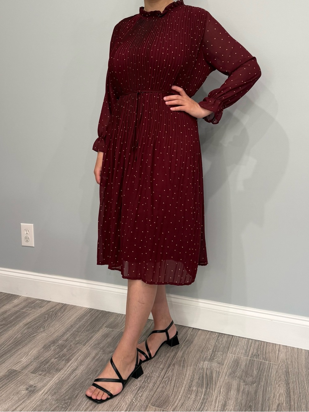Women's Burgundy Polka Dot Long-Sleeve Midi Dress